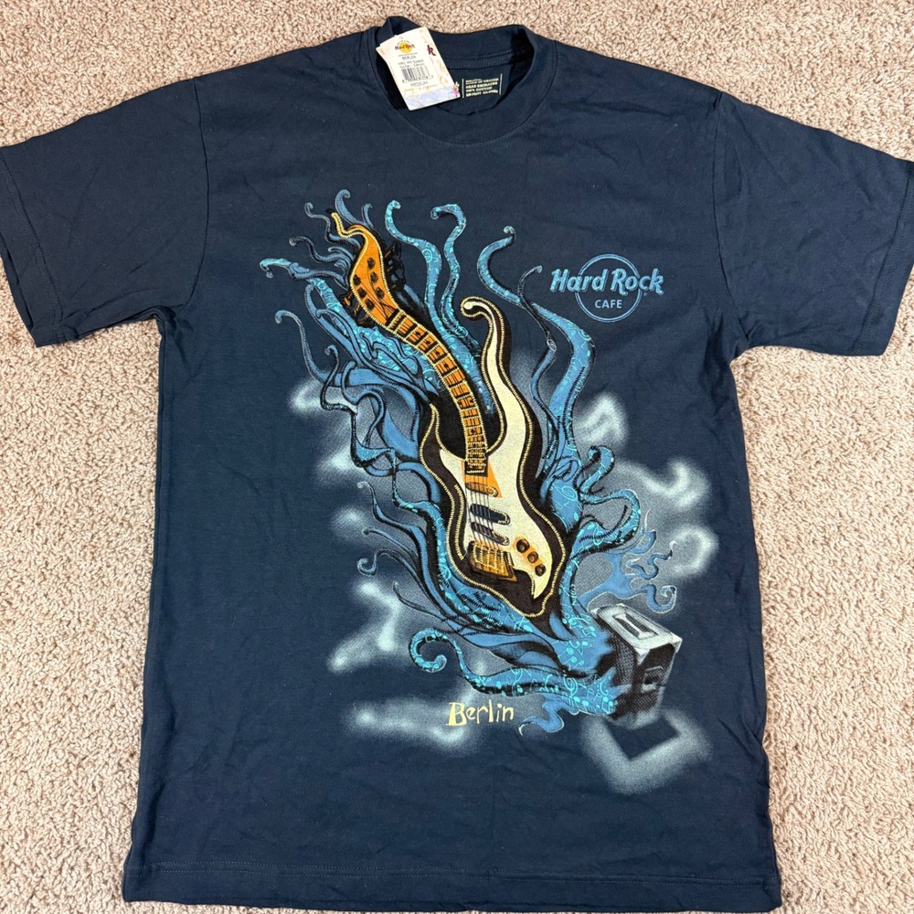 Hard Rock Cafe T-Shirt Mens Medium Denim Blue NEW‎ Berlin Splash Guitar Graphic
